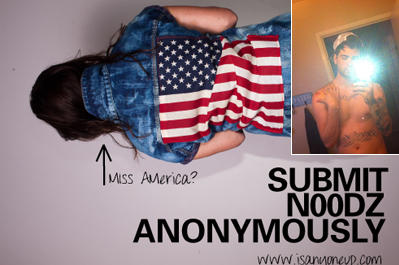 On the left is a woman’s back, flipped horizontally with an arrow pointing to her, and a word written “MISS AMERICA?” has black hair, wearing a blue denim shirt with the Flag of United States back, at the right side, a man serious, standing white taking picture in a mirror, with his right hand on his shoulder and left hand holding a phone, has black hair mustache and beard, tattooed body, wearing a white cap, naked.