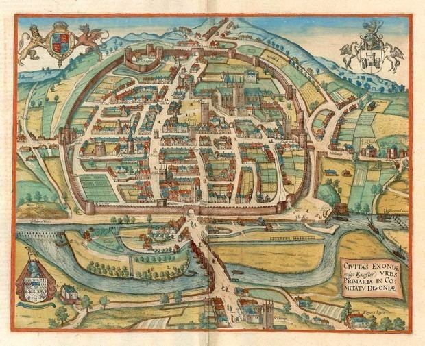 Isca Dumnoniorum Antique map Bird39seye plan of the city of Exeter by Braun and