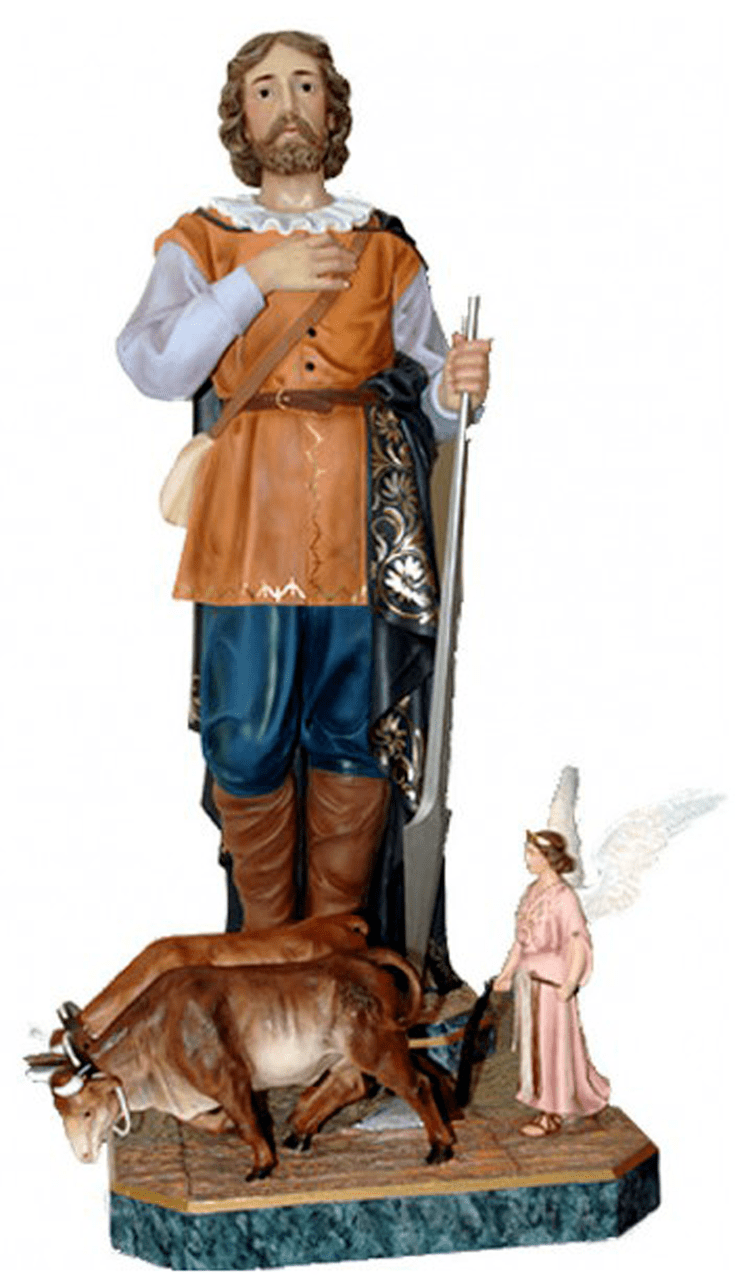 Isidore the Laborer Isidore the Laborer Spanish Statue With Angel and Oxen