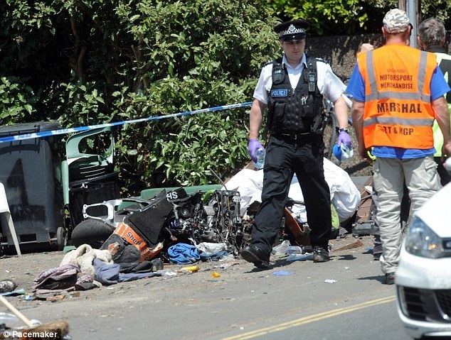 Isle of Man movie scenes Crash scene The Kawasaki race bike of Jonathan Howarth lies at the scene of the