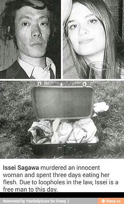 On the upper left, Issei Sagawa with a serious face, messy hair, and wearing a black coat over white long sleeves. On the upper right, Renée Hartevelt smiling while leaning on a man, with long hair and holding a glass. At the bottom, is a suitcase purchased by Issei Sagawa where he put the dead body of Renée Hartevelt.