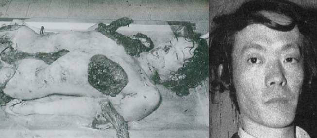 On the left, is the dead body of Renée Hartevelt murdered by Issei Sagawa. On the right, Issei Sagawa with a serious face, messy hair, and wearing a black coat over white long sleeves.