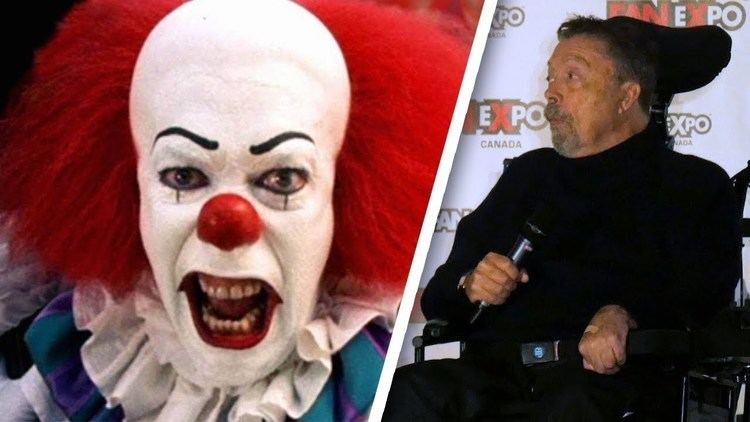 On the left, Tim Curry as Pennywise in the 1990 horror drama miniseries, It. On the right, Tim Curry in a wheelchair wearing a black long sleeves