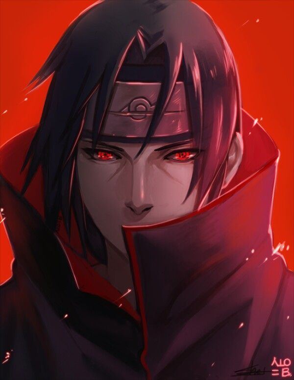 Itachi Uchiha looking serious with fiery eyes and wearing a red and black robe and a headband