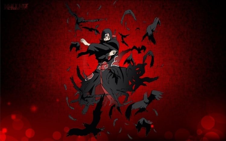 Itachi Uchiha transforming into a flock of crows in a red background