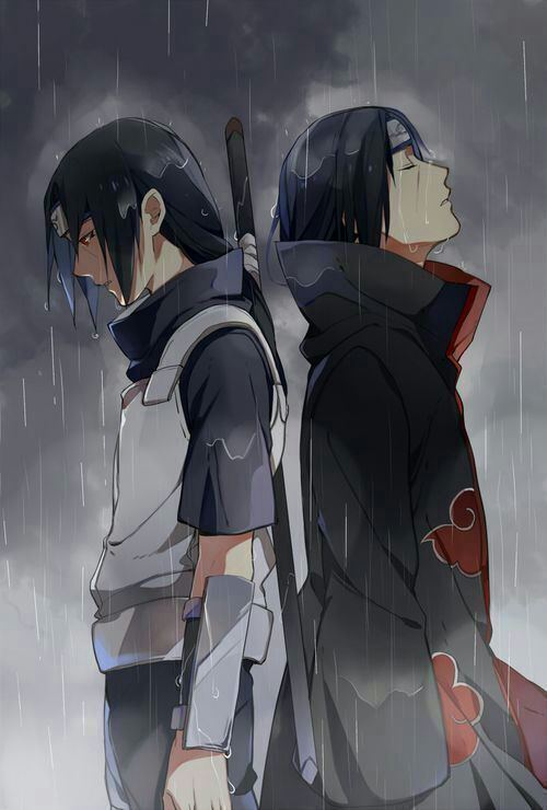 Uchiha Sasuke and Itachi Uchiha standing back to back while getting wet in the rain and wearing a cloak