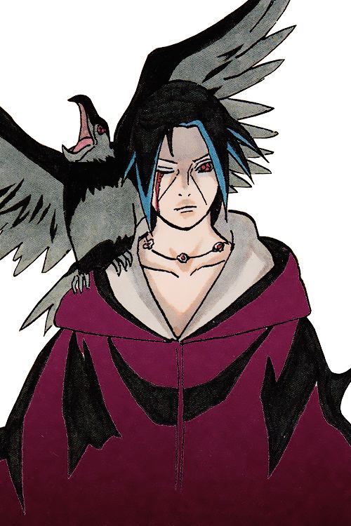 Itachi Uchiha looking serious with right eye open and left eye closed with a crow sitting on his left arm while wearing a black and red cloak