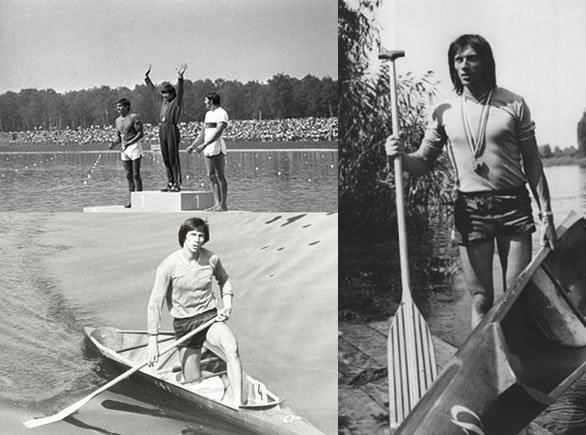 On the left, Ivan Patzaichin in a canoe race and winning an award while, on the right, Ivan Patzaichin holding his canoe and wearing his medal