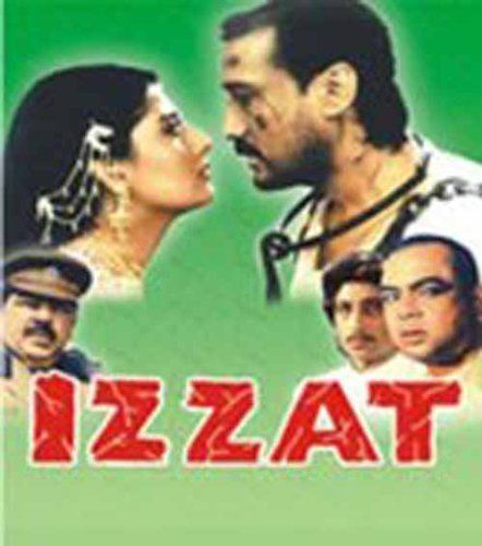 A poster of the 1991 film "Izzat" starring Jackie Shroff, Sangeeta Bijlani, Amjad Khan, Shakti Kapoor, and Paresh Rawal.