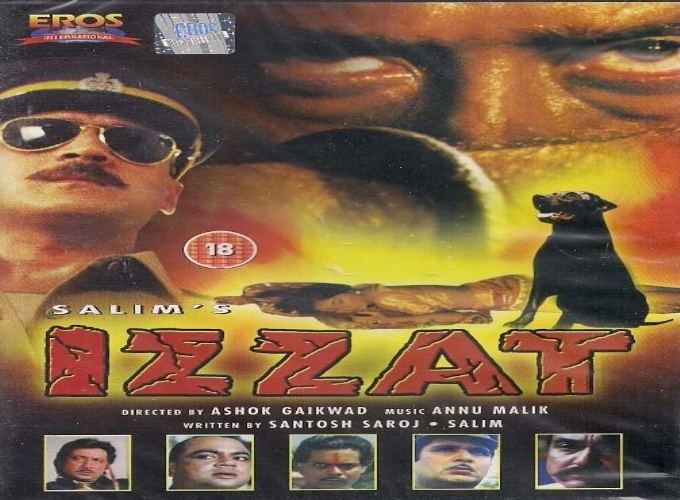 A poster of the 1991 film "Izzat" starring Jackie Shroff, Shakti Kapoor, Paresh Rawal, Sadashiv Amrapurkar, Raza Murad, & Goga Kapoor