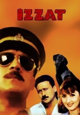 A poster of the 1991 film "Izzat" starring Jackie Shroff, Sangeeta Bijlani Paresh Rawal, and a black dog.