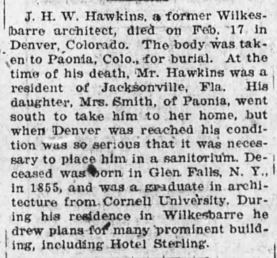 J. H. W. Hawkins Obituary for J H W Hawkins architect of WilkesBarre