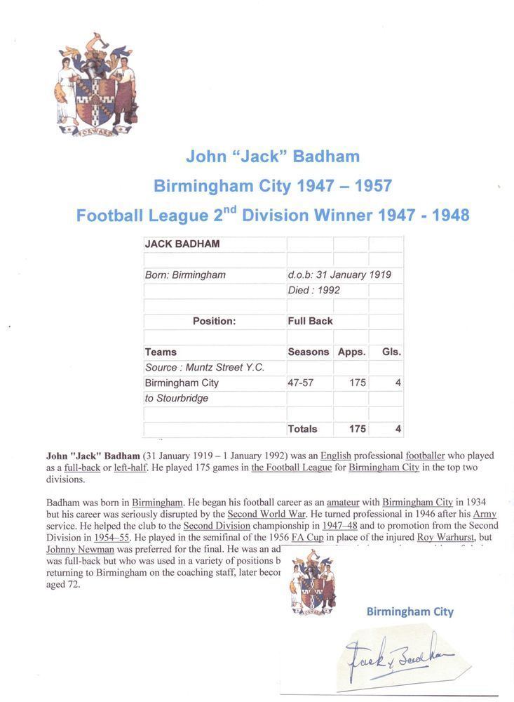 Jack Badham JACK BADHAM BIRMINGHAM CITY 19471957 RARE ORIGINAL HAND SIGNED