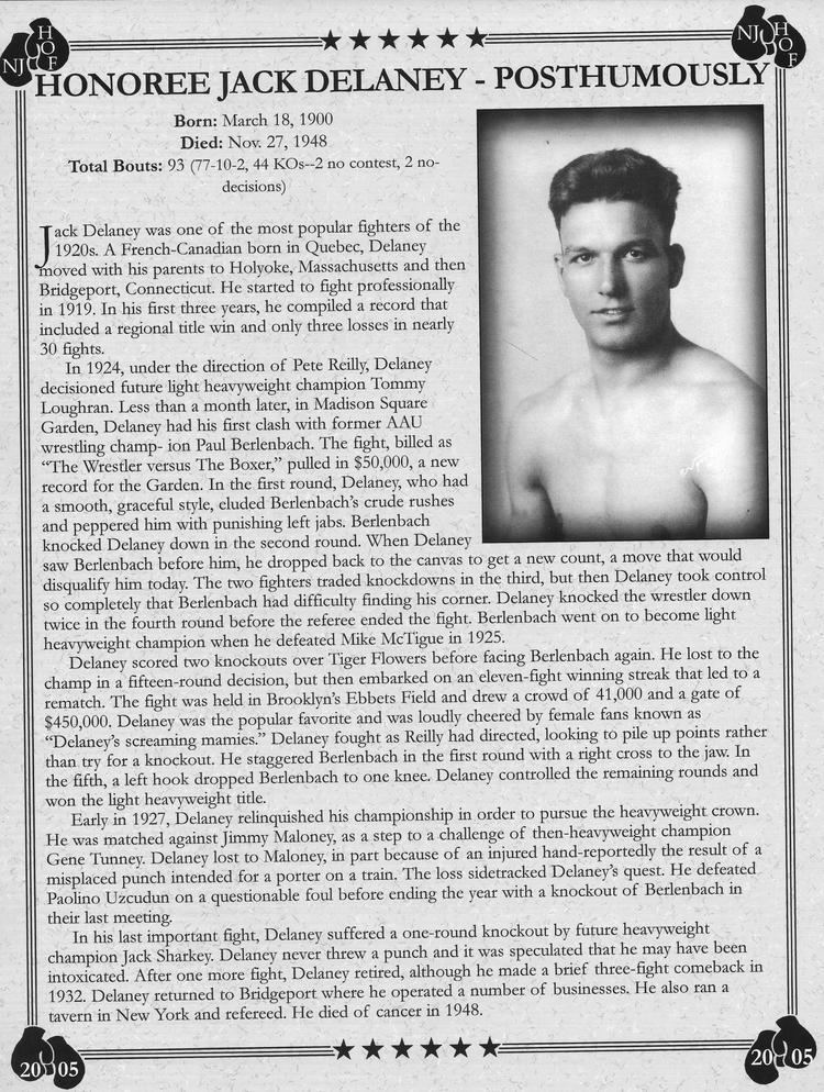 Jack Delaney JACK DELANEY New Jersey Boxing Hall of Fame