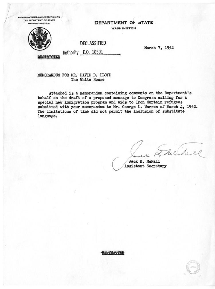 Jack K. McFall Truman Library Memorandum from Jack K McFall to David D Lloyd