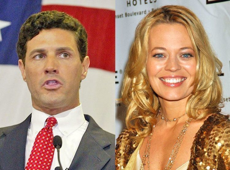 On the left, Jack Ryan giving a speech. On the right, Jeri Ryan smiling while wearing a gold sequins blazer and cream blouse