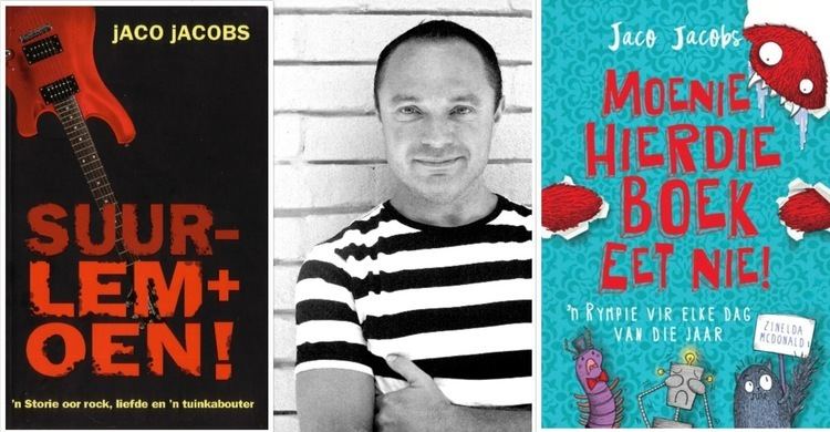 On left, Jaco Jacobs' book titled Suurlemoen! On middle, Jaco Jacobs posing and wearing striped shirt. On right, Jaco Jacobs' book titled Moenie Hierdie boek eet nie.