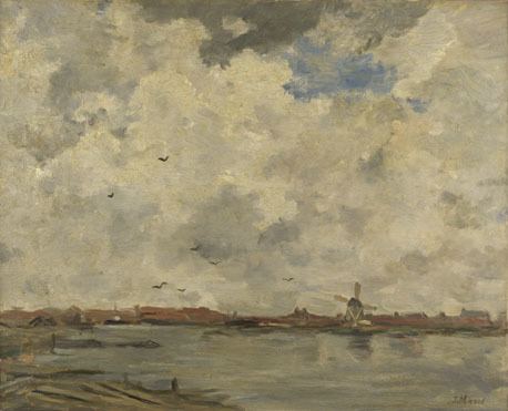 Jacob Maris Jacob Maris A Windmill and Houses beside Water Stormy