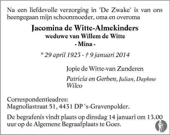 Jacomina de Witte Jacomina de Witte Almekinders 09012014 overlijdensbericht en