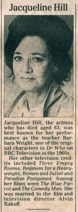 Jacqueline Hill Jacqueline Hill obituary The Telegraph The Doctor Who Cuttings