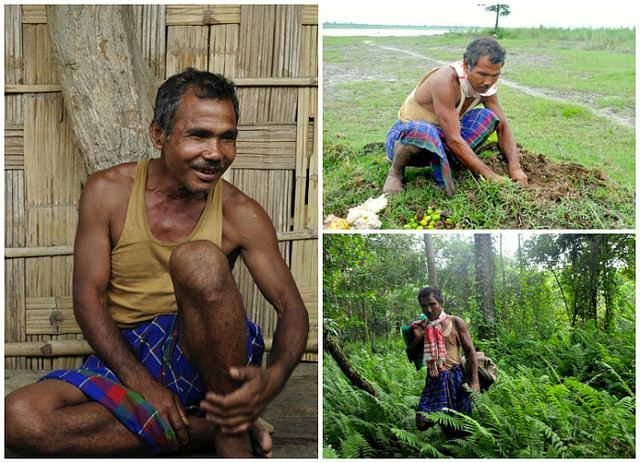 On the left, Jadav Payeng smiling while sitting on the floor, with a mustache, and wearing a brown sando and blue checkered cloth wrapped around his waist. On the upper right, he is digging the soil with his hands and wearing a brown sando and blue checkered cloth wrapped around his waist while on the lower right, he is in the forest carrying a bag in his hand and on his shoulder with a red and white scarf and wearing the same clothes.