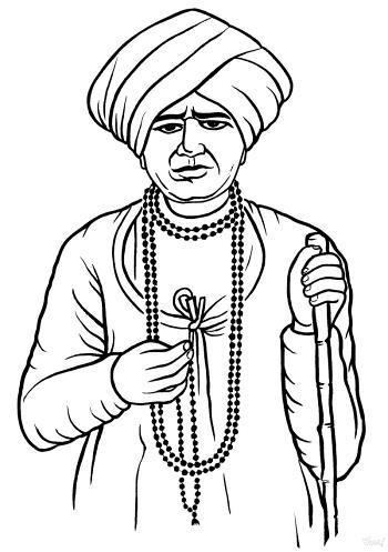 A drawing of Jalaram Jay holding a wooden stick and a necklace while wearing a turban, long sleeves, and beaded necklace