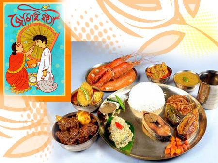 A bengali fish thali of Jamai Shashthi restaurant, On the left a inside a box with orange borders, is a woman (left) is smiling, Applying Tika on the man's forehead (right) with her right hand, left hand holding a orange paper while kneeling with a yellow fan at the back and yellow pot in the middle, next to her a man (right) is smiling, holding his white cloth with his left arm, right arm on the paper, has black hair wearing a white long sleeve coat and white bottom cloth. At the right, starting from left is a mutton dak bungalow in a stainless bowl, 2nd is tahu isi, 3rd is a large shrimp in a stainless plate, 4th is a bowl of meat with orange sauce, 5th is dal tadka, at the right is stainless cup, in the middle is a plate of white rice two fried fish a  green chili a fish in white sauce over the banana leaves  and fried vegetables.