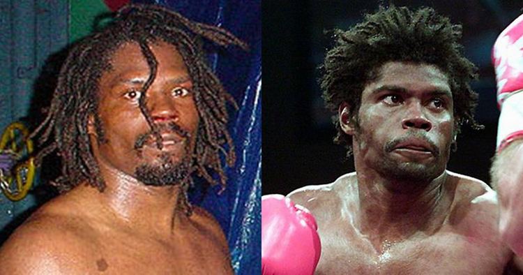 On the left, James Butler with dreadlocks hair, a mustache, and a beard. On the right, James Butler wearing red gloves while boxing.
