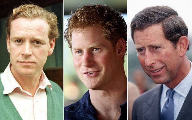 On the left, James Hewitt is smiling, has brown hair wearing a light pink polo under a green sweater, in the middle Prince Harry, Duke of Sussex is smiling, has curly hair wearing a dark blue polo, at the right Prince Charles is smiling, has black hair wearing a light blue polo with blue necktie under a black coat.,