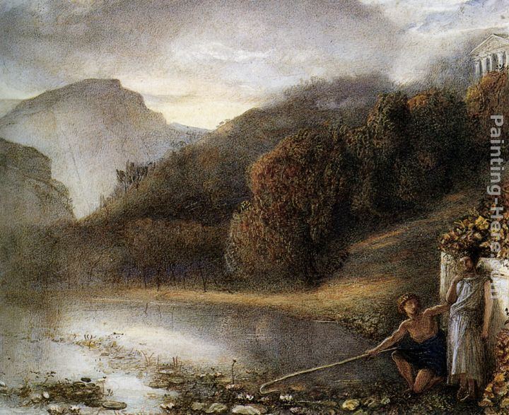 James Smetham James Smetham Classical figures by a river with a Temple