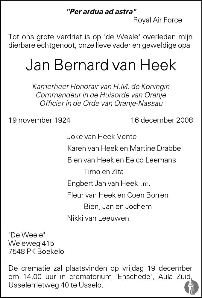 Jan Bernard van Heek Jan Bernard van Heek 16122008 overlijdensbericht en