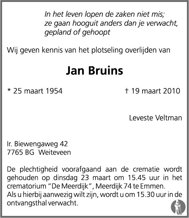 Jan Bruins Jan Bruins 19032010 overlijdensbericht en condoleances