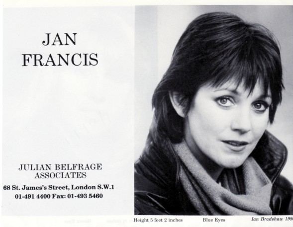 In a black and white on the left, is a word written from the top "JAN FRANCIS” at the bottom “JULIAN BELFRAGE ASSOCIATES”“St. James's Street. London S. W. 101-491 44(M) Fax: 01-493” at the right, Jan Francis is smiling, has black short hair, wearing Gray scarf under a black leather jacket.