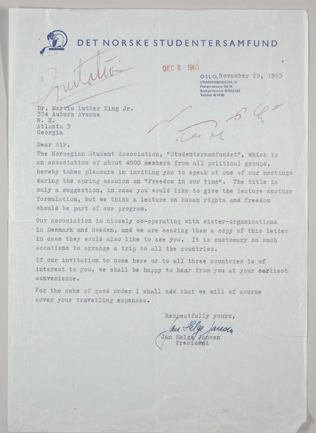 Jan Helge Jansen Letter from Jan Helge Jansen to MLK The Martin Luther King Jr