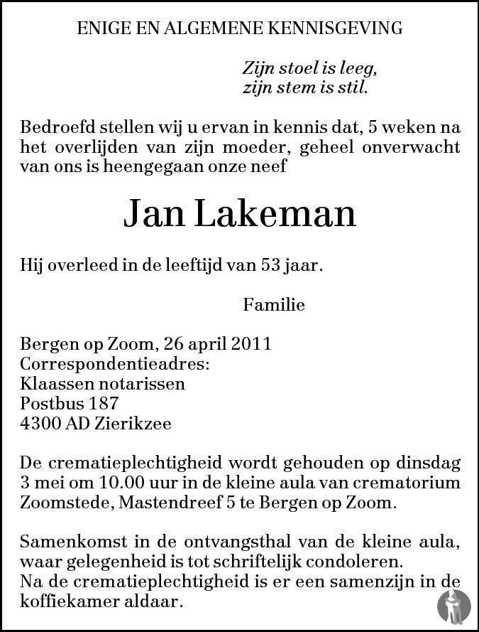 Jan Lakeman Jan Lakeman 26042011 overlijdensbericht en condoleances