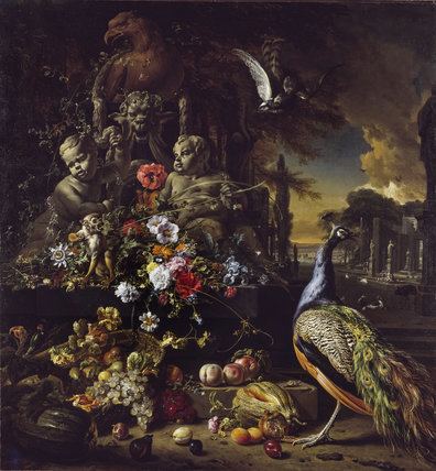 Jan Weenix Flowers on a Fountain with a Peacock by Jan Weenix at The