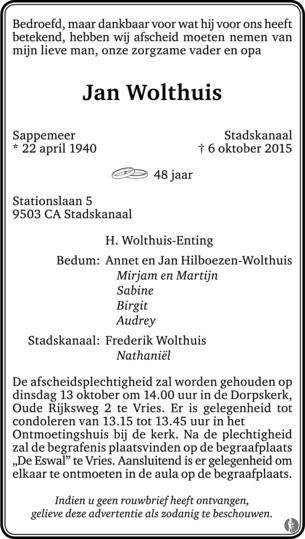 Jan Wolthuis Jan Wolthuis 06102015 overlijdensbericht en condoleances