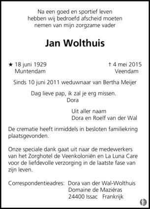 Jan Wolthuis Jan Wolthuis 04052015 overlijdensbericht en condoleances