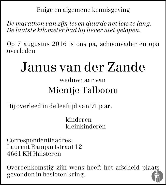 Janus van der Zande Janus van der Zande 07082016 overlijdensbericht en condoleances