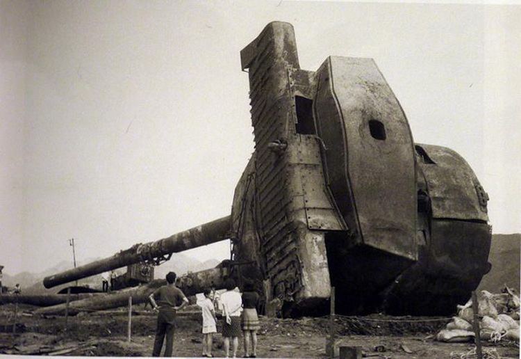 Japanese battleship Mutsu Postwar photo of a salvaged turret from the Japanese battleship