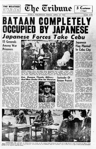 A newspaper article with the headline of Bataan being occupied by the Japanese army