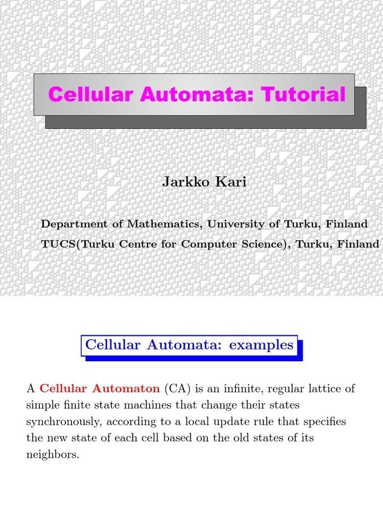 Jarkko Kari Jarkko Kari Cellular Automata Tutorial Mathematical Analysis
