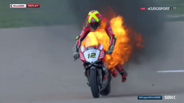 Javier Forés VIDEO Fire Javier Fores bike bursts into flames Spain Video