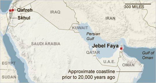Location of Jebel Faya and the Map showing the Arab countries in the Persian Gulf