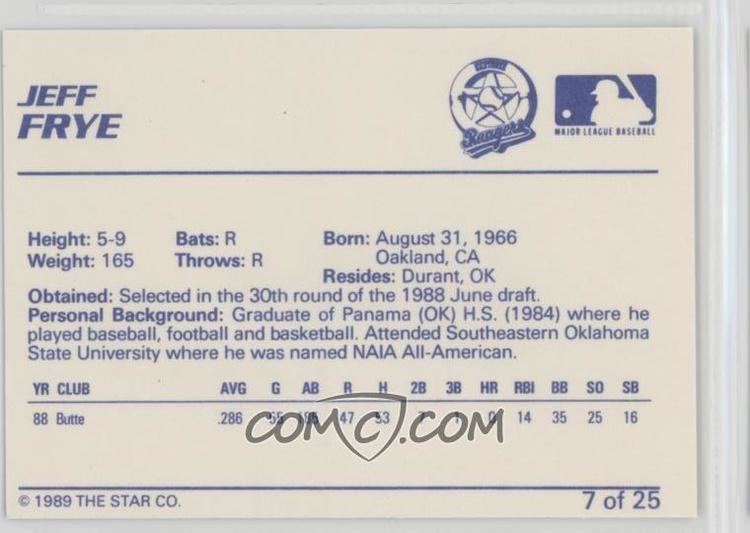Jeff Frye 1989 Star Gastonia Rangers Base 7 Jeff Frye COMC Card