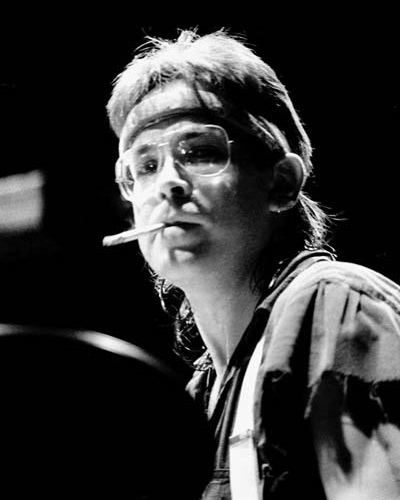 Jeff Porcaro smoking while playing drums on the Toto Fahrenheit World Tour at Blaisdell Arena in Honolulu, Hawaii in 1986