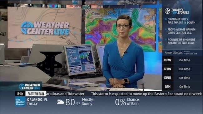 Meteorologist Jennifer Lopez in the Weather Channel wearing eyeglasses and a blue dress.