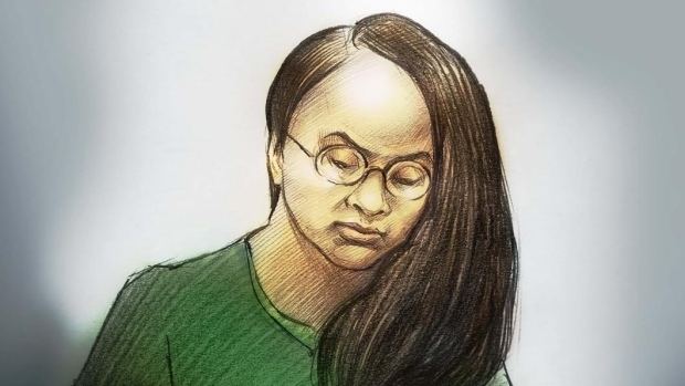 A drawing of Jennifer Pan wearing eyeglasses and a green t-shirt