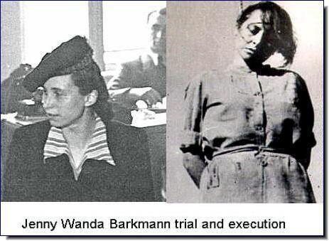 On the left, Jenny-Wanda Barkmann talking to her lawyers while on the right, she is hanged on the gallows