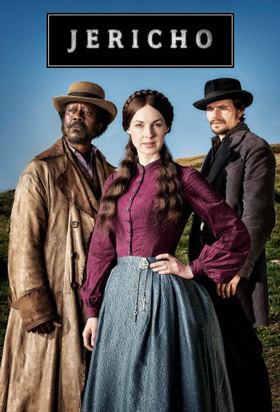 Jessica Raine's hand on her hips while Clarke Peters and Hans Matheson are looking afar in the 2016 period drama series Jericho